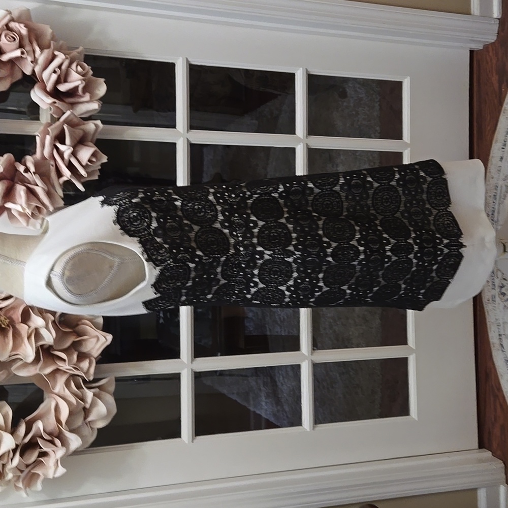 Anne Klein Elegant Off White Black Lace Dress Sleeveless Fully Lined Size 10 EUC - Picture 3 of 8